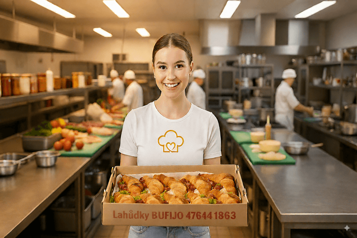 Usměvavá zaměstnankyně s krabicí čerstvých lahůdek v profesionální kuchyni